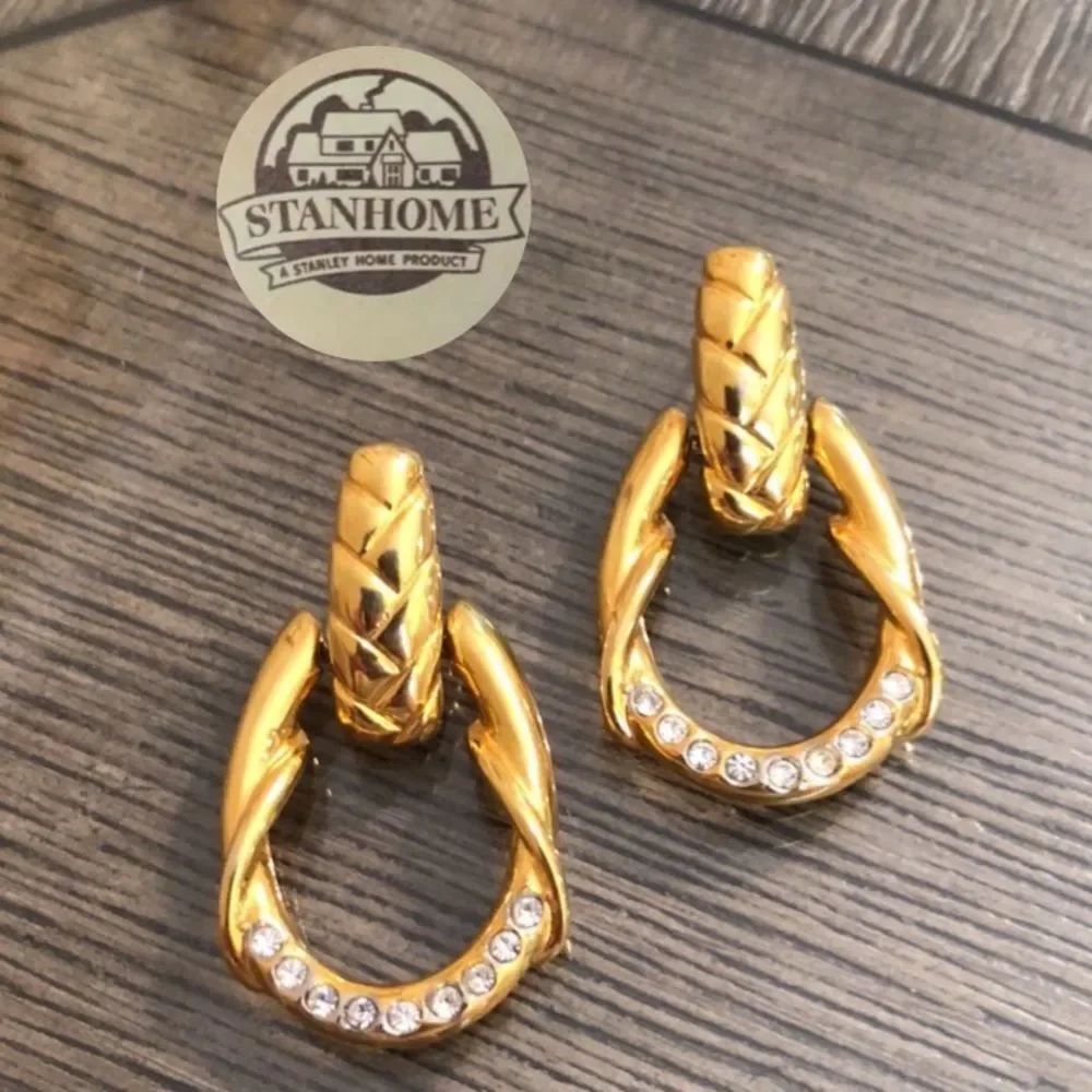 Vintage STANHOME Jewelry Collection Goldtone Door Knocker Earrings w/Rhinestones